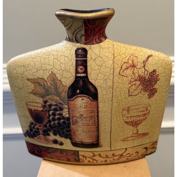 Tuscan Style Wine Bottle & Grapes Vase 10” x 9” Crackle Glaze Ceramic Decor - Picture 2 of 5